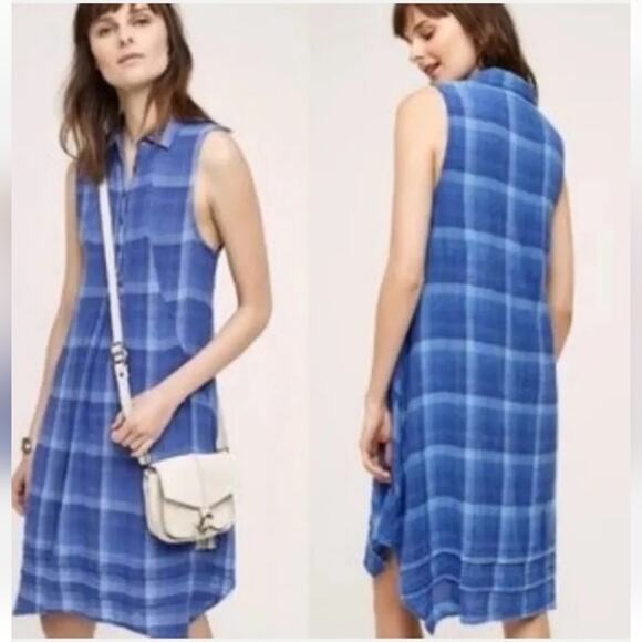 Anthropologie Isabella Sinclair Blue Plaid Linen Blend Sleeveless Shirt Dress M - Picture 14 of 14